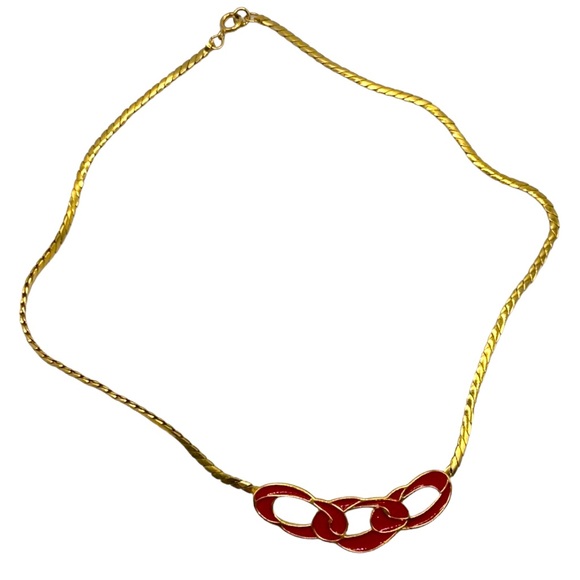 Really cute vintage gold Teagarden red enamel necklace with snake chain - Picture 1 of 2